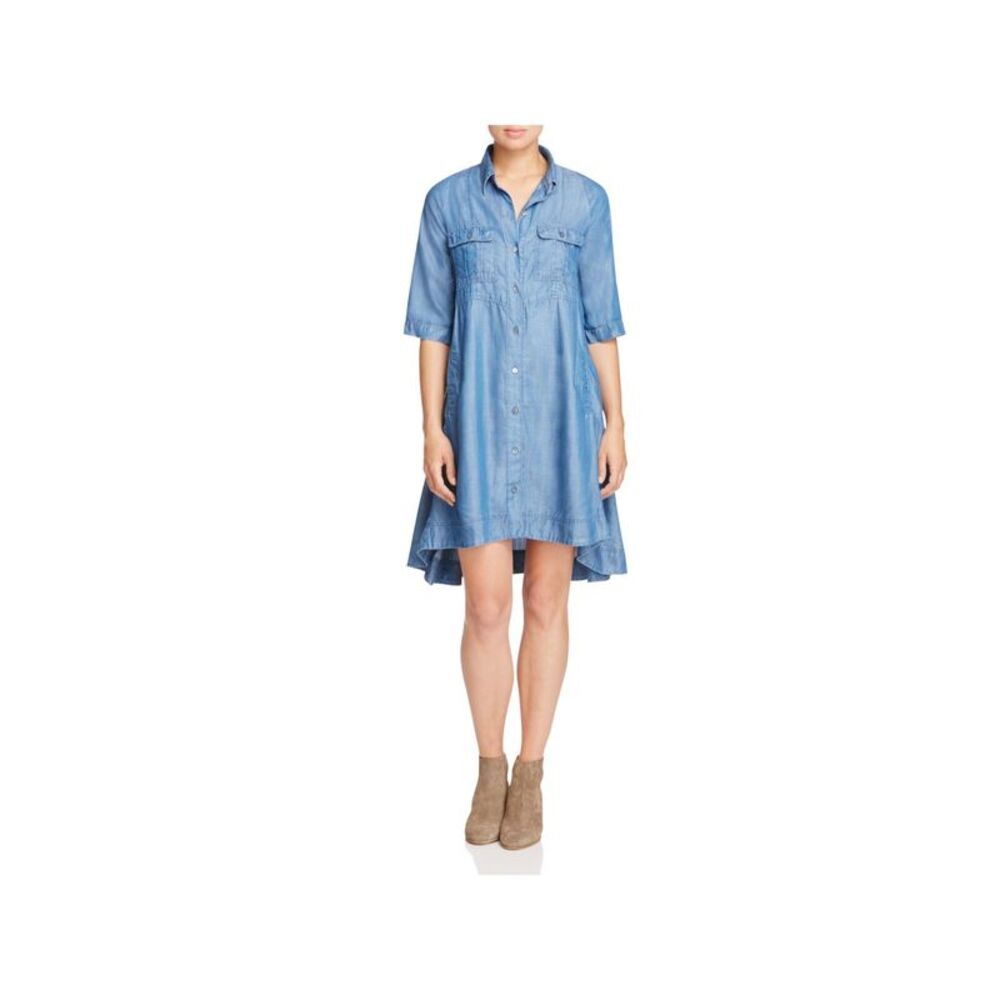 4OUR DREAMERS Womens Blue Roll Tab Sleeve Button Down Easy Elbow Sleeve Dress S